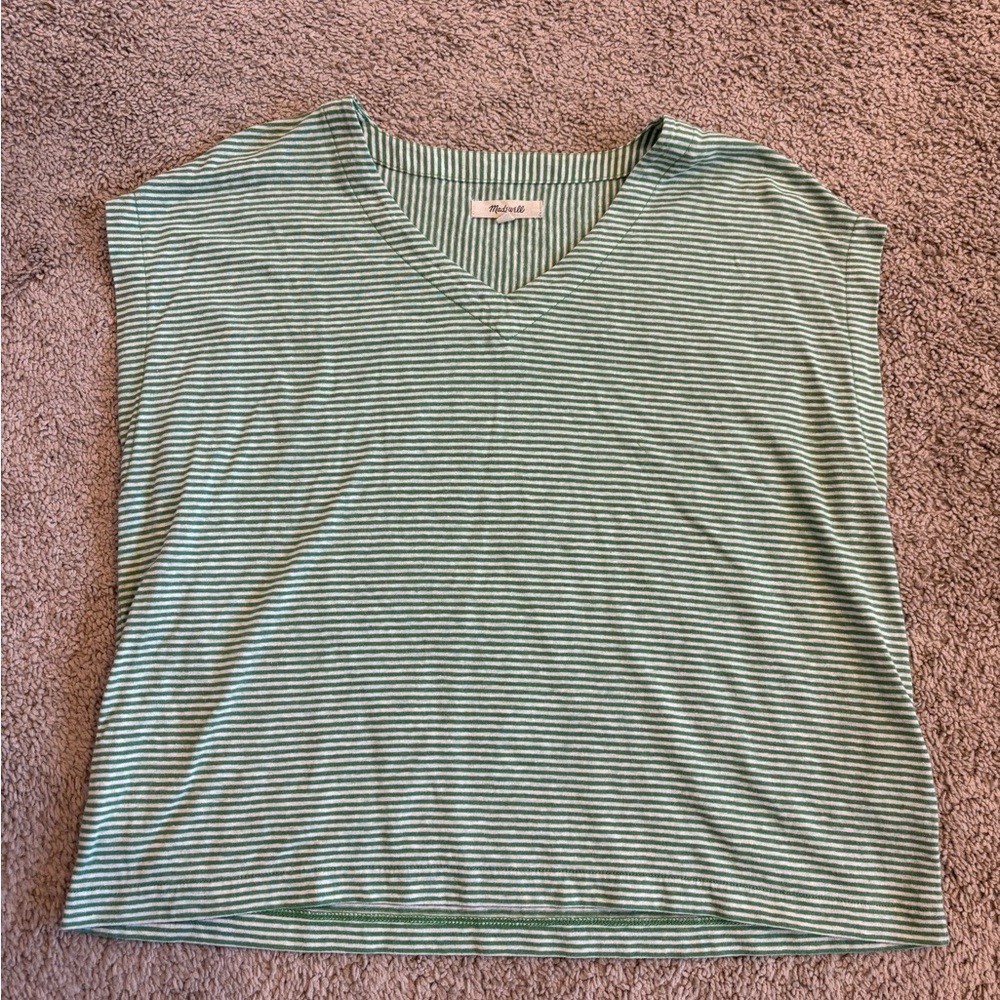 Madewell Green Striped V-Neck Tee